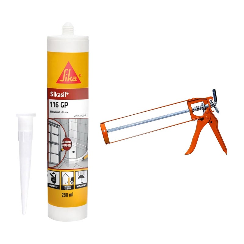 سيكا سيكاسيل 116-GP مانع تسرب سيليكون عالمي مع مسدس، 280 مل - سيليكون معالج بالأسيتوكسي للأغراض العامة (أبيض) - Image 1